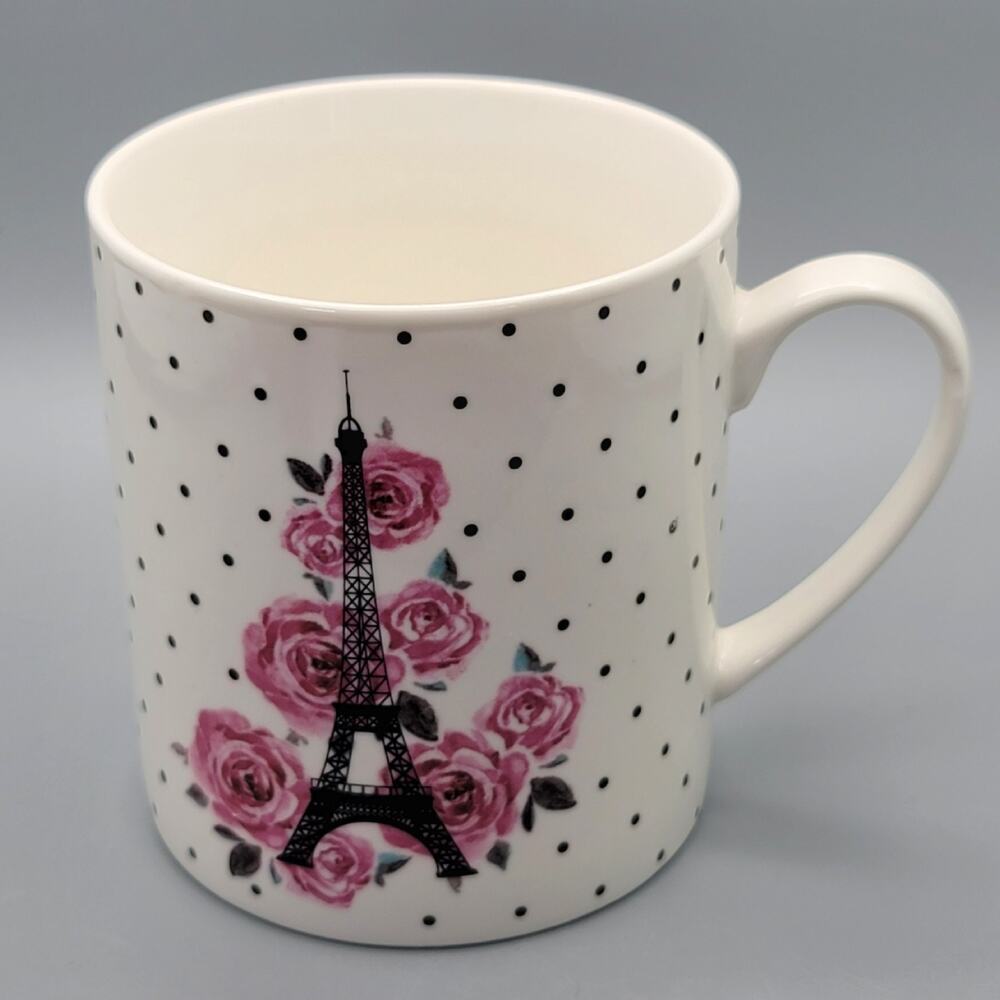 Let's Dine Eiffel Tower French Pink Roses & Polka Dots Coffee Mug Paris Travel